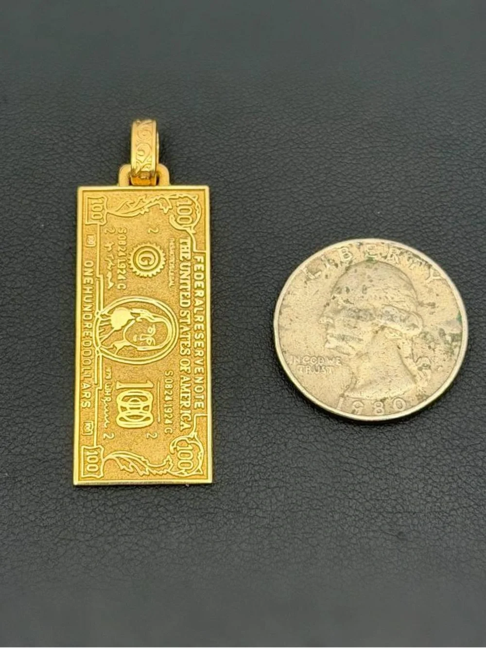 14k Solid Yellow Gold 100 Dollar Bill Money Banknote Charm Pendant Handmade
